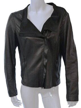 BOD & CHRISTENSEN Black Liquid Leather Drape Front Moto Jacket Size Large